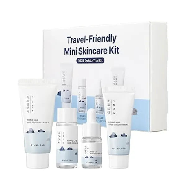 ROUND LAB 1025 Dokdo Hydrating Mini Size Kit (Cleanser, Toner, Ampule, Cream), Daily Skin Care Routine Trial Kit for Moisture Care, Travel Size Gift Set, Korean Skin Care