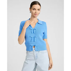 Express Cotton Collared V Neck Bow Front Short Sleeve Sweater