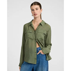 Express Crinkled Rayon Voile Rolled Sleeve Utility Portofino Shirt