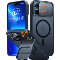 TORRAS Magnetic Protective Case for iPhone 15 Pro Max / iPhone 16 Pro / 16 Pro Max – Shockproof Military-Grade Drop Protection, Slide Camera Cover, Rotatable Kickstand, MagSafe Compatible, Anti-Scratch & Anti-Fingerprint - Translucent Black