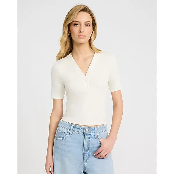 Express Fitted Ribbed V Neck Elbow Sleeve Henley Tee
