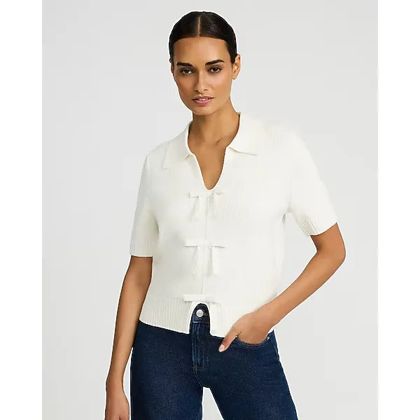 Express Cotton Collared V Neck Bow Front Short Sleeve Sweater