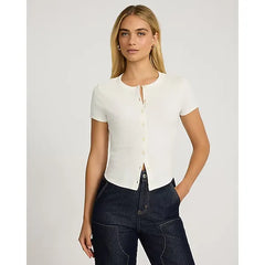 Express Ribbed Button Front Short Sleeve Tee