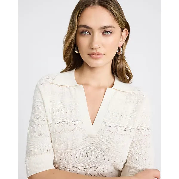 Express Pointelle Short Sleeve Johnny Collar Sweater Polo