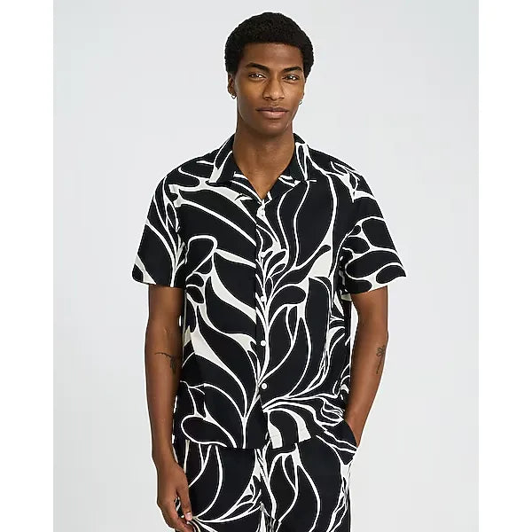 Express Abstract Contrast Linen Blend Short Sleeve Shirt
