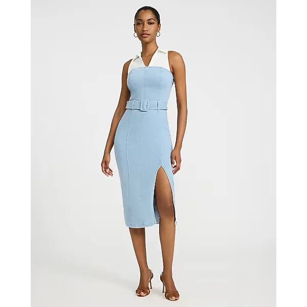Express Stretch Denim Mixed Media Belted Midi Sheath Dress