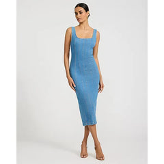Express Stretch Denim Scoop Neck Seamed Midi Dress