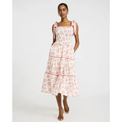 Express Printed Smocked Tie Strap Tiered Ruffle Midi Dress with Pockets