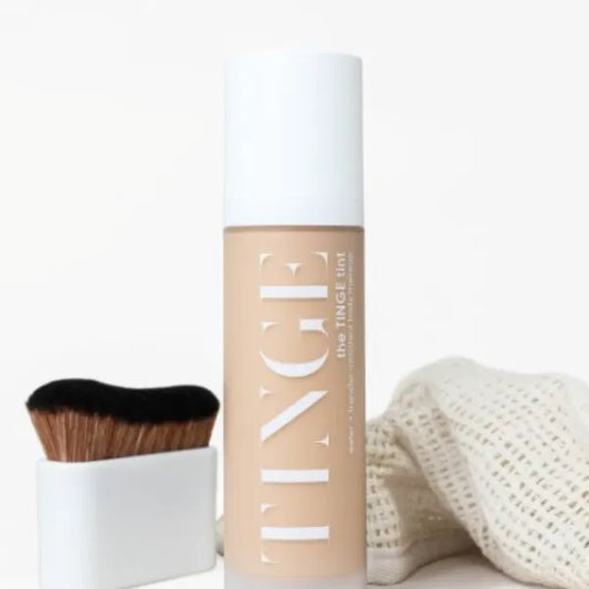 Tinge Body Makeup & Brush Bundle, 48 Hour Medium Coverage Tint with Hyaluronic Acid, Semi Matte, Water & Transfer Resistant, Vegan, Kabuki Brush for Streak Free Blending, Fair Neutral, 3.38 Fl Oz