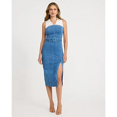 Express Stretch Denim Mixed Media Belted Midi Sheath Dress