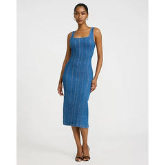 Express Stretch Denim Scoop Neck Seamed Midi Dress