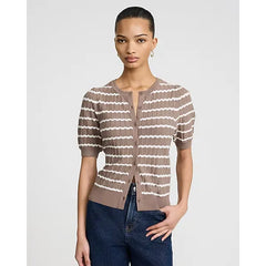 Express Striped Pointelle Crew Neck Short Sleeve Cardigan
