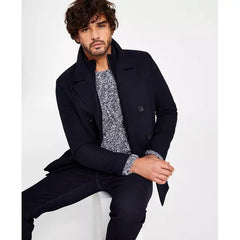 Men's Double Breasted Wool Blend Peacoat with Bib