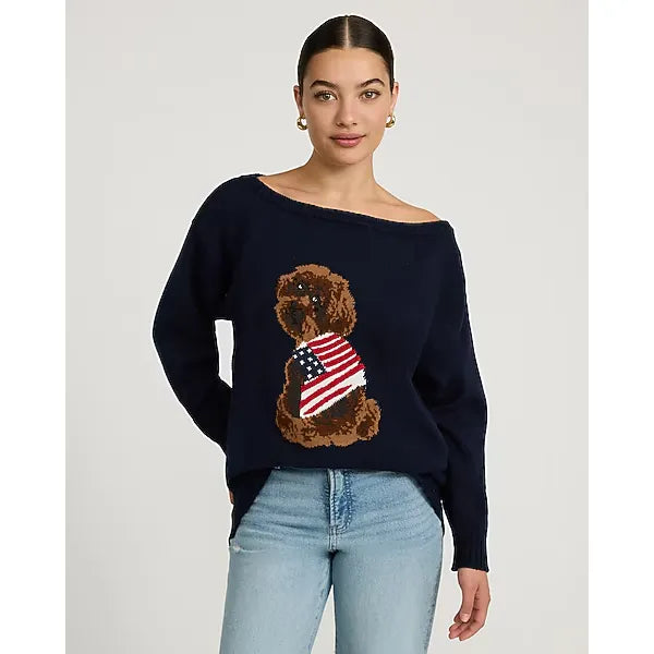 Express American Flag Dog Off The Shoulder Sweater