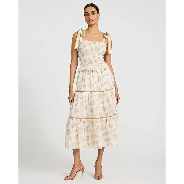 Express Printed Smocked Tie Strap Tiered Ruffle Midi Dress with Pockets