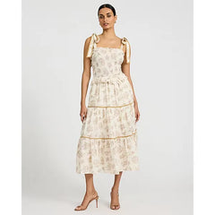 Express Printed Smocked Tie Strap Tiered Ruffle Midi Dress with Pockets