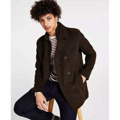 Men's Double Breasted Wool Blend Peacoat with Bib