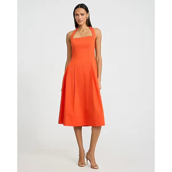 Express Poplin Tie Halter Square Neck Seamed Midi Dress with Pockets
