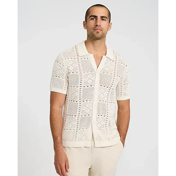 Express Textured Crochet Cotton Short Sleeve Sweater Polo