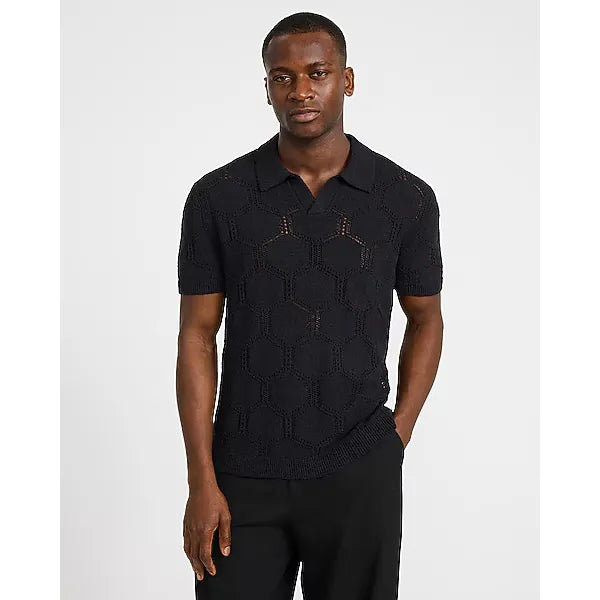 Express Geo Open Knit Johnny Collar Short Sleeve Sweater Polo