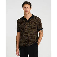 Express Textured Boucle Geo Tile Print Johnny Collar Sweater Polo