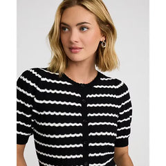 Express Striped Pointelle Crew Neck Short Sleeve Cardigan