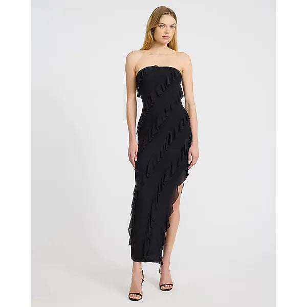 Express Ruffle Strapless Side Slit Maxi Sheath Dress