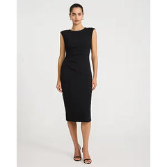 Express Crepe Crew Neck Cap Sleeve Ruched Midi Sheath Dress