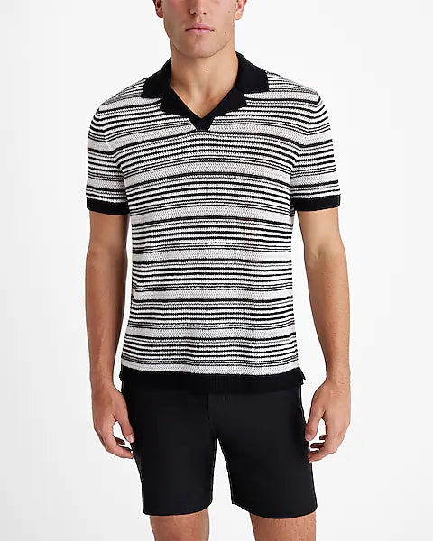 Express Striped Knit Linen Blend Short Sleeve Sweater Polo