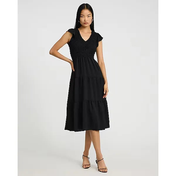 Express V-Neck Flutter Sleeve Smocked Tiered Midi Dress