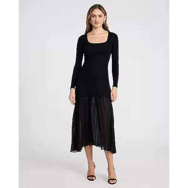 Express Mixed Media Square Neck Long Sleeve Midi Dress