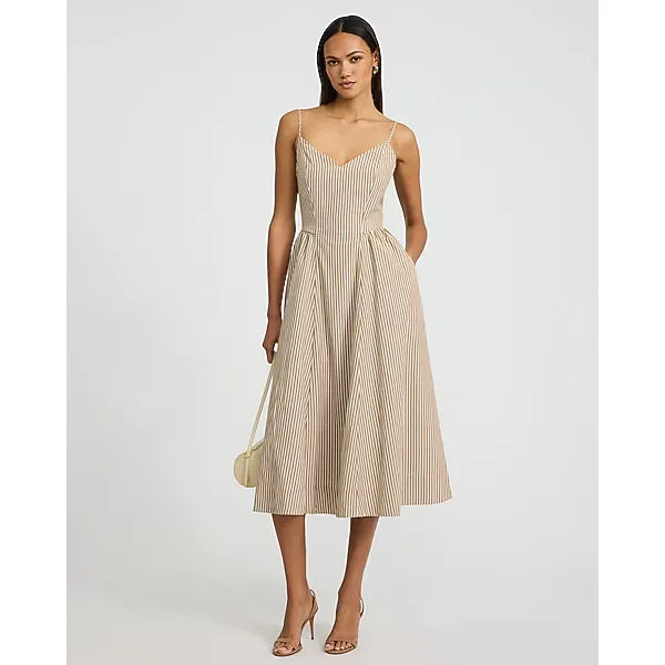 Express Striped V-Neck Sleeveless Drop Waist Smocked Back Midi Dress