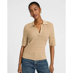 Express Pointelle Short Sleeve Johnny Collar Sweater Polo
