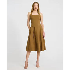 Express Poplin Tie Halter Square Neck Seamed Midi Dress with Pockets