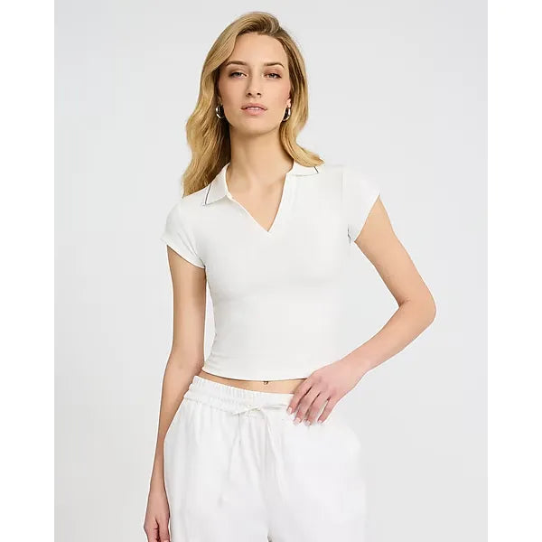 Express Ribbed Collared V Neck Short Sleeve Polo Tee