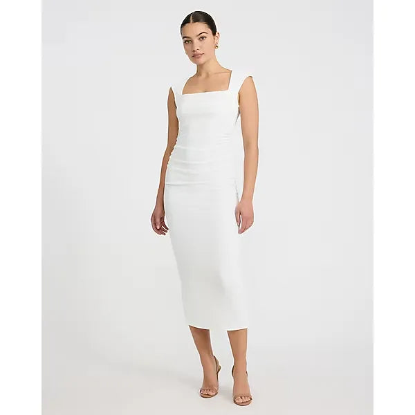 Express Ribbed Knit Cap Sleeve Ruched Midi Sheath Dress